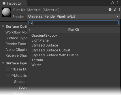 Collection of shaders in Flat Kit. From a Shader drop-down, hover the FlatKit sub-menu and choose a shader