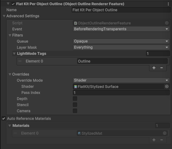 Flat Kit Per Object Outline Renderer Feature, main parameters