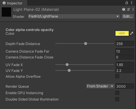 LightPlane Shader. Inspector panel interface