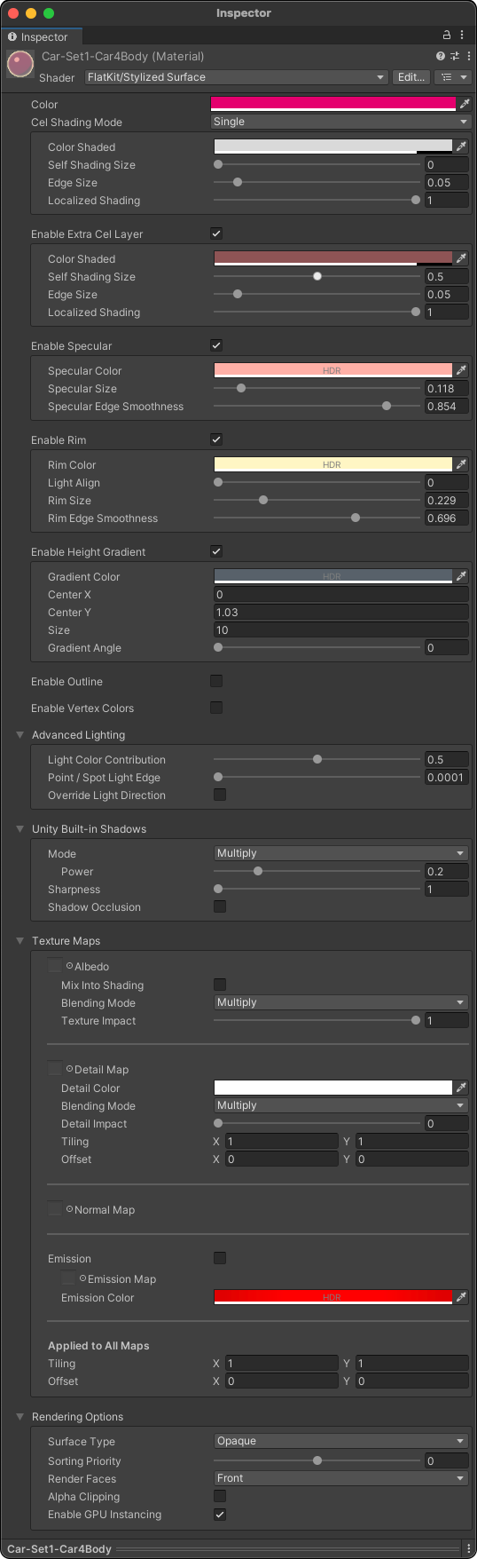 ‘Stylized Surface’ shader in expanded view. Single mode. More complex use case