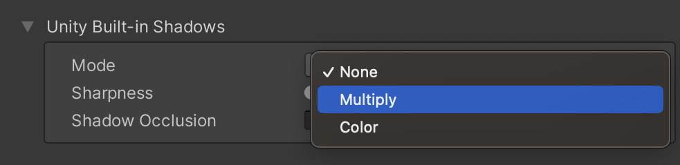 Unity Built-in Shadows mode menu. Inspector interface